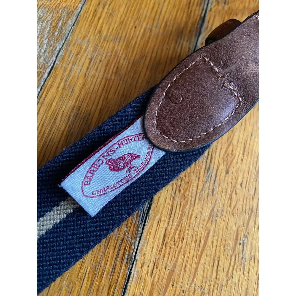 BARRONS-HUNTER Navy/Tan Stripe Stretch Belt w/Leather Tabs Mens sz 38